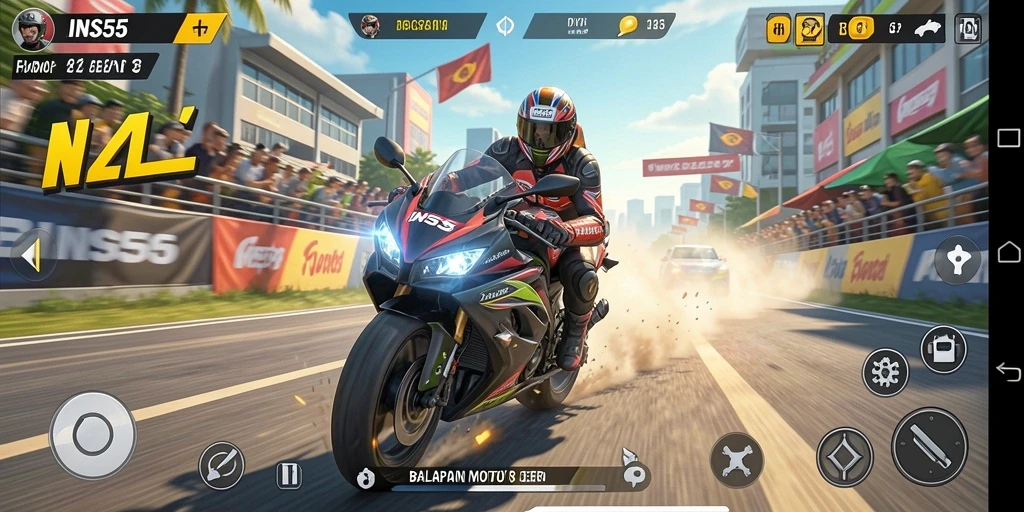 Screenshot INS55 menunjukkan aksi balapan motor yang intens dan grafis yang memukau.