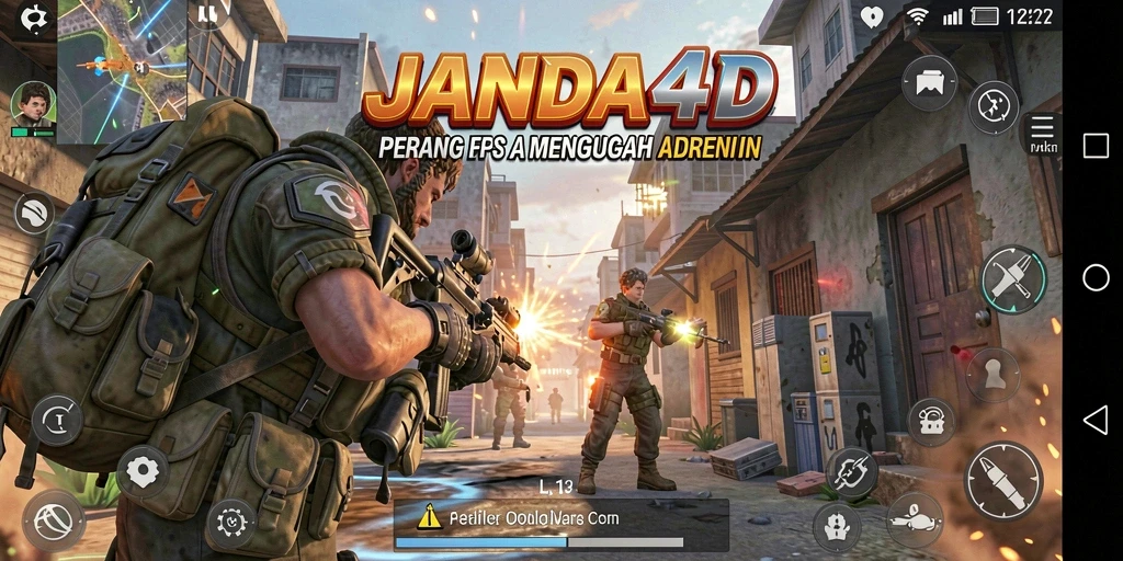 Screenshot JANDA4D menampilkan aksi pertempuran intens dalam mode FPS.