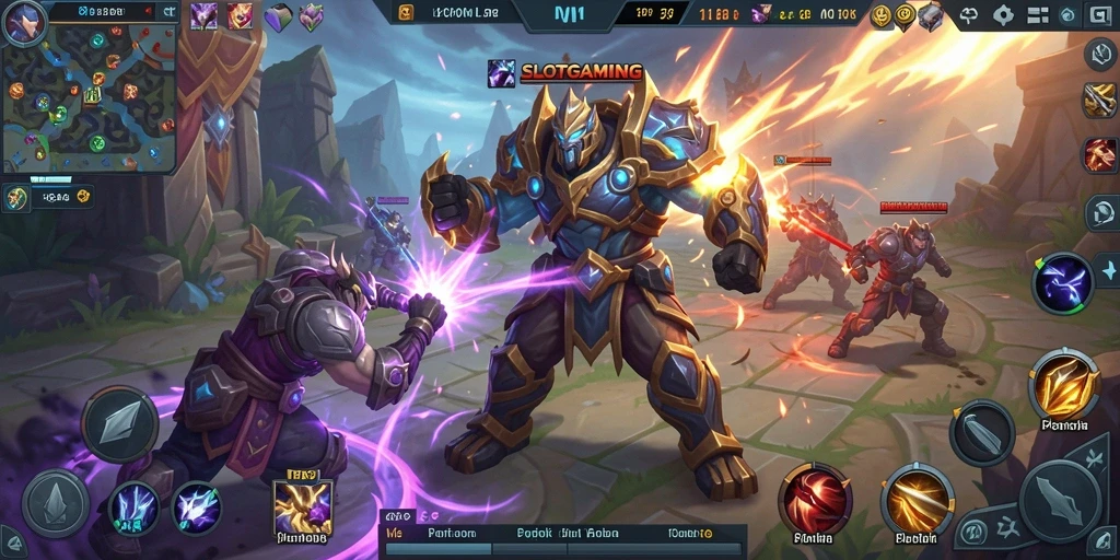 Screenshot gameplay SLOTGAMING yang menampilkan aksi seru di arena MOBA.