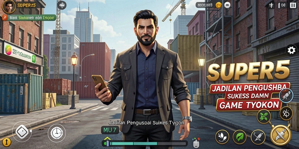 Screenshot utama permainan SUPER5 menampilkan strategi bisnis yang dinamis.
