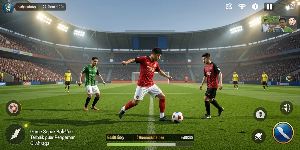 Tampilan gameplay yang mendebarkan dalam V21 dengan aksi sepak bola nyata.